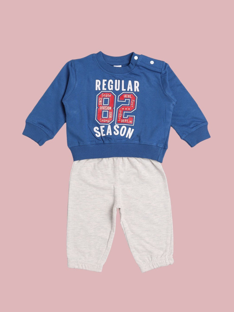 Blue sweatshirt with "Regular Season 82" print paired with grey jogger pants for babies.