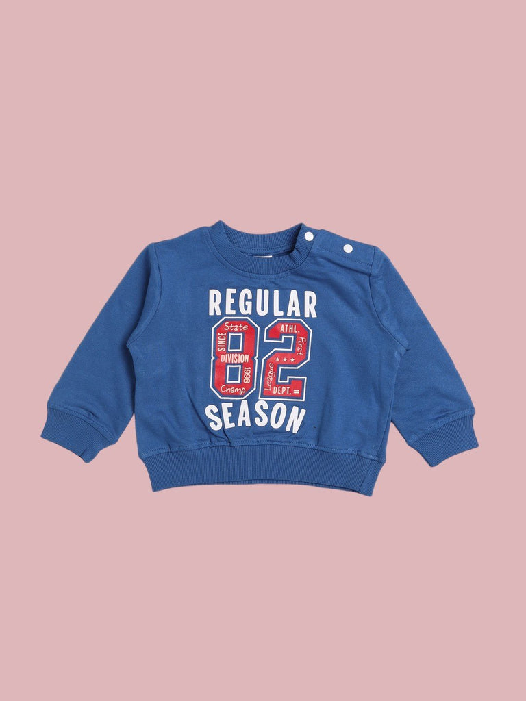 Blue sweatshirt with "Regular Season 82" graphic for babies.