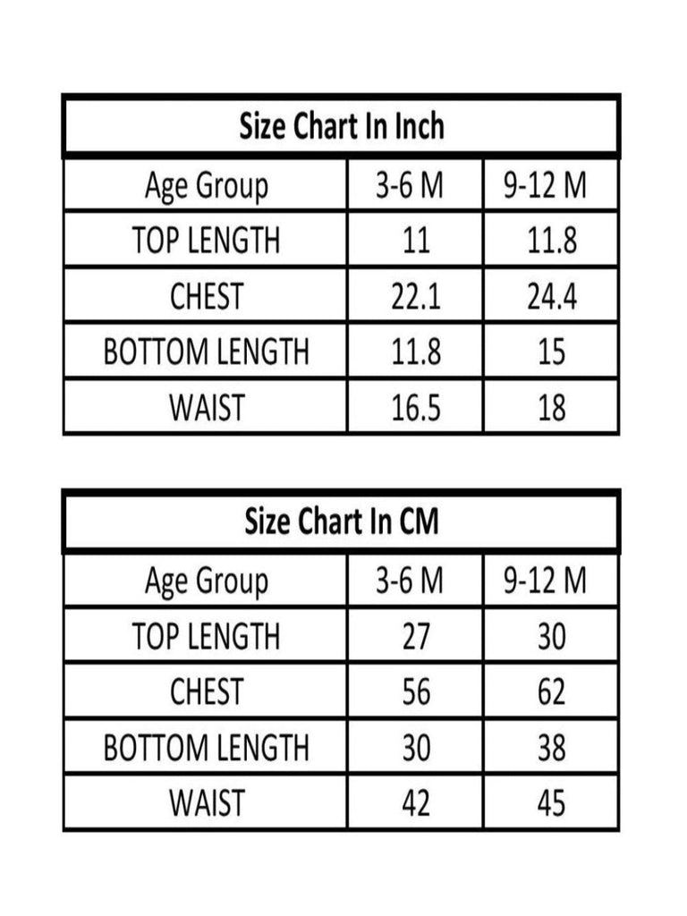 Size chart showing baby clothing measurements in centimeters for the age groups 3-6 months and 6-9 months, 