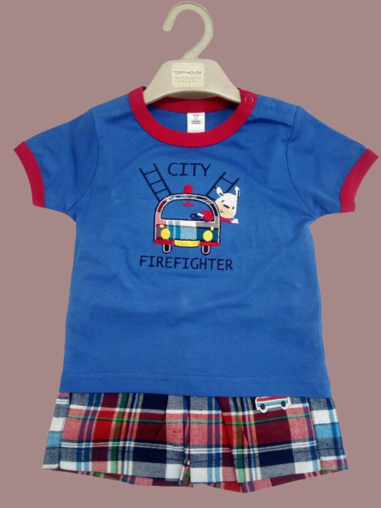 Full view of the ToffyHouse boys' blue 'City Firefighter' t-shirt with plaid shorts set.