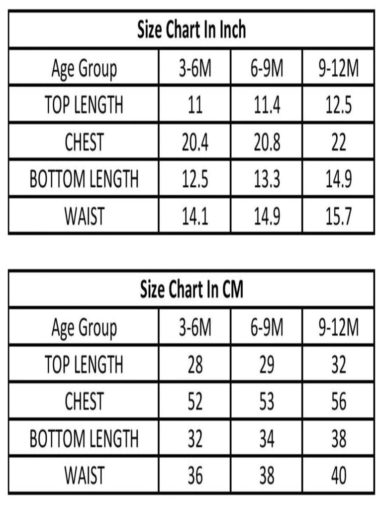 size guide for babys car printed t-shirt and  pajama set