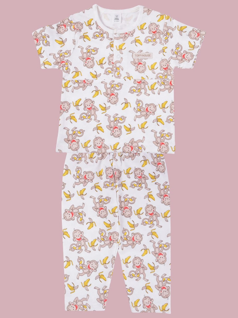 Front view of Boys' Monkey and Banana Print Short Sleeve Pajama Set.