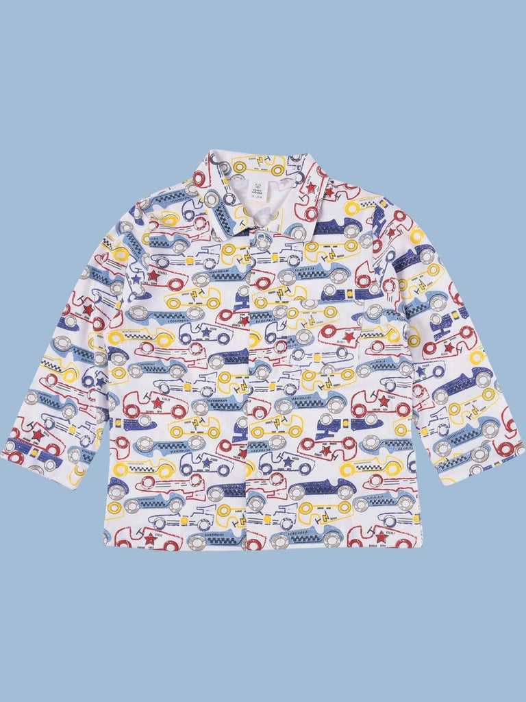 ToffyHouse Boys' Car Print Pajama Top Front View - Button-Up Collared Nightwear
