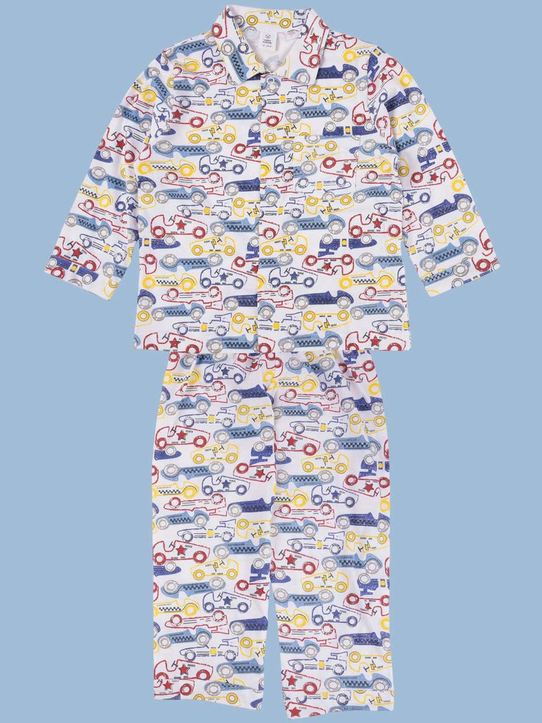 ToffyHouse Boys' Car Print Pajama Set Front View - Long Sleeve Button-Up Top and Pants, Multi-Color
