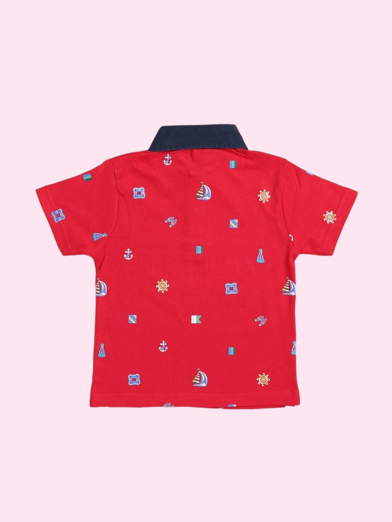  Back view of the ToffyHouse Boys' Nautical Red Polo Shirt with navy collar.