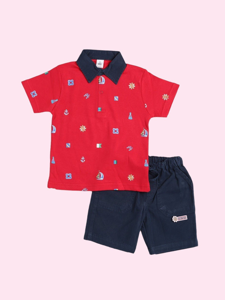  Full View of the ToffyHouse Boys' Nautical Red Polo Shirt and Navy Shorts set detailing.