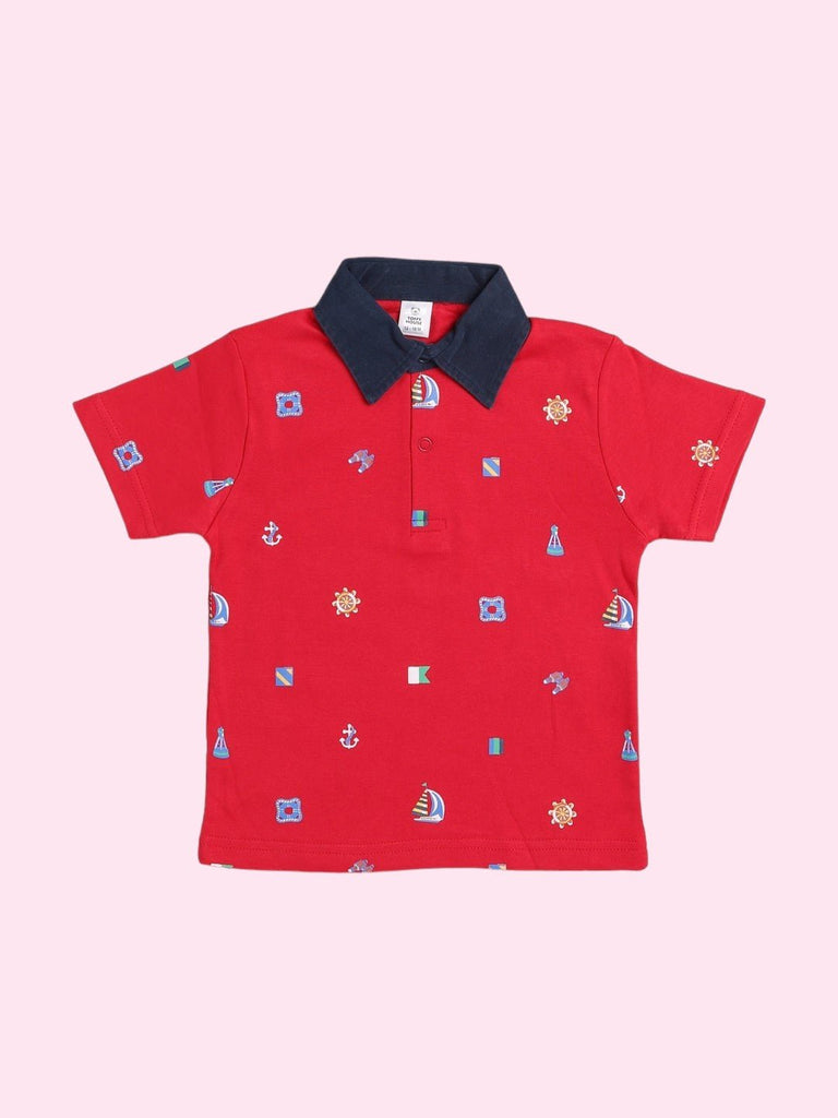 Front view of the ToffyHouse Boys' Nautical Red Polo Shirt and Navy Shorts set.