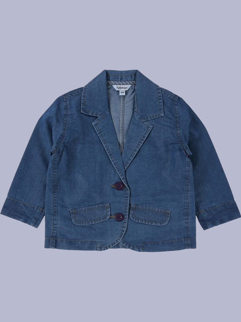  Front view of a Casual Blue Denim Blazer showing the button closure and front pockets.