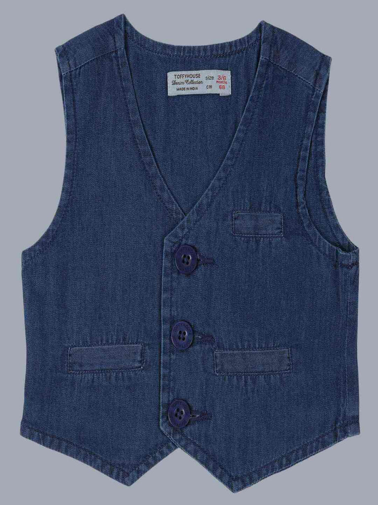 ToffyHouse Casual Blue Denim Vest - Front View with Pockets