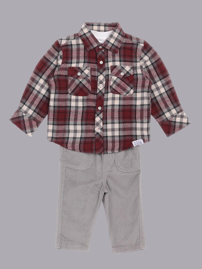 Full Front view of ToffyHouse Casual Plaid Shirt paired with white tank top and gray pants.