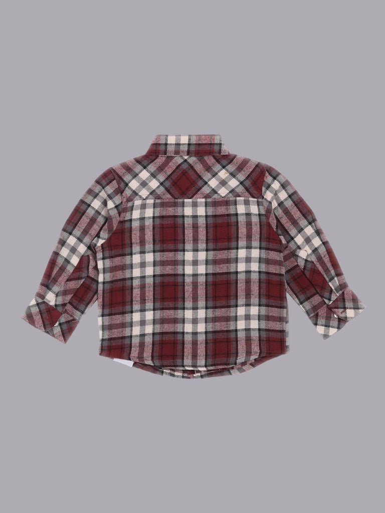 Back view of ToffyHouse Casual Plaid Shirt in red, white, and gray checkered pattern.