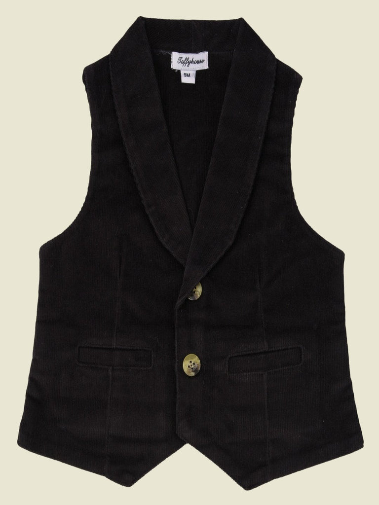 Front view of the ToffyHouse Classic Black Corduroy Vest showing the button front and pockets.