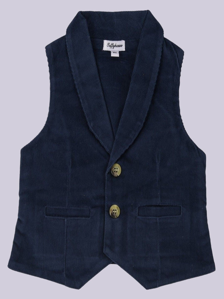 Front view of the ToffyHouse Classic Navy Corduroy Vest showing the button front and pockets.