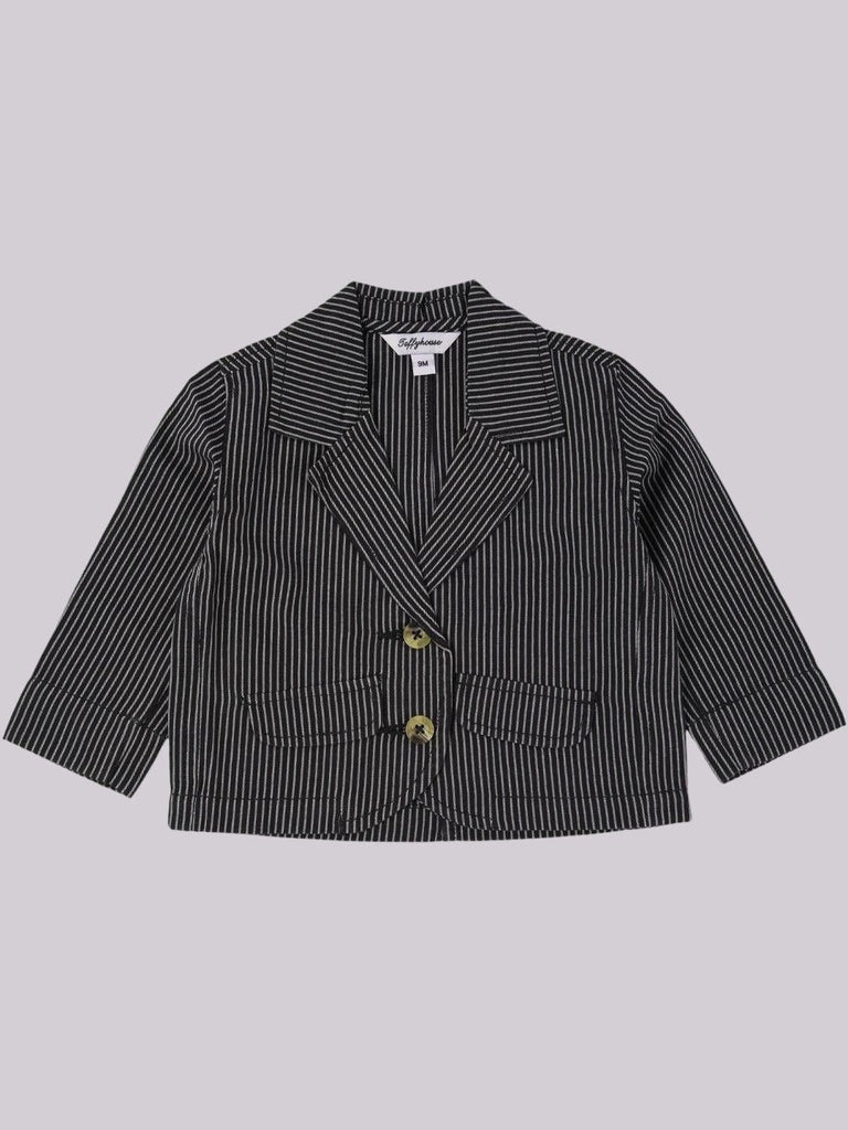 Front view of the ToffyHouse Classic Pinstripe Blazer in Black and White.