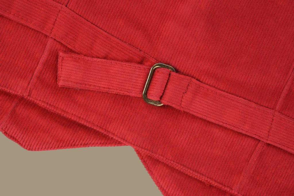 Back bottom view of ToffyHouse Classic Red Corduroy Vest highlighting the corduroy texture and regular fit.