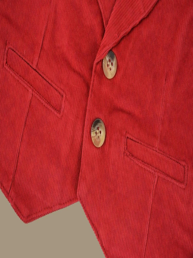 Front bottom view of ToffyHouse Classic Red Corduroy Vest showcasing solid red color and button detail.