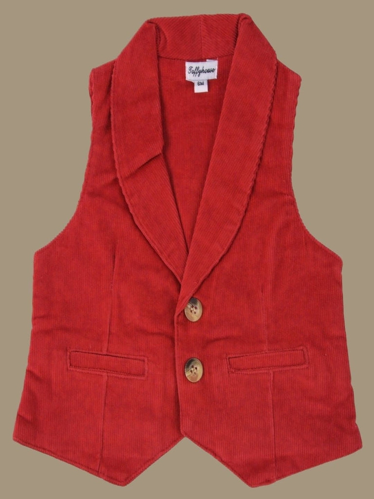 Front view of ToffyHouse Classic Red Corduroy Vest featuring button front and elegant design.