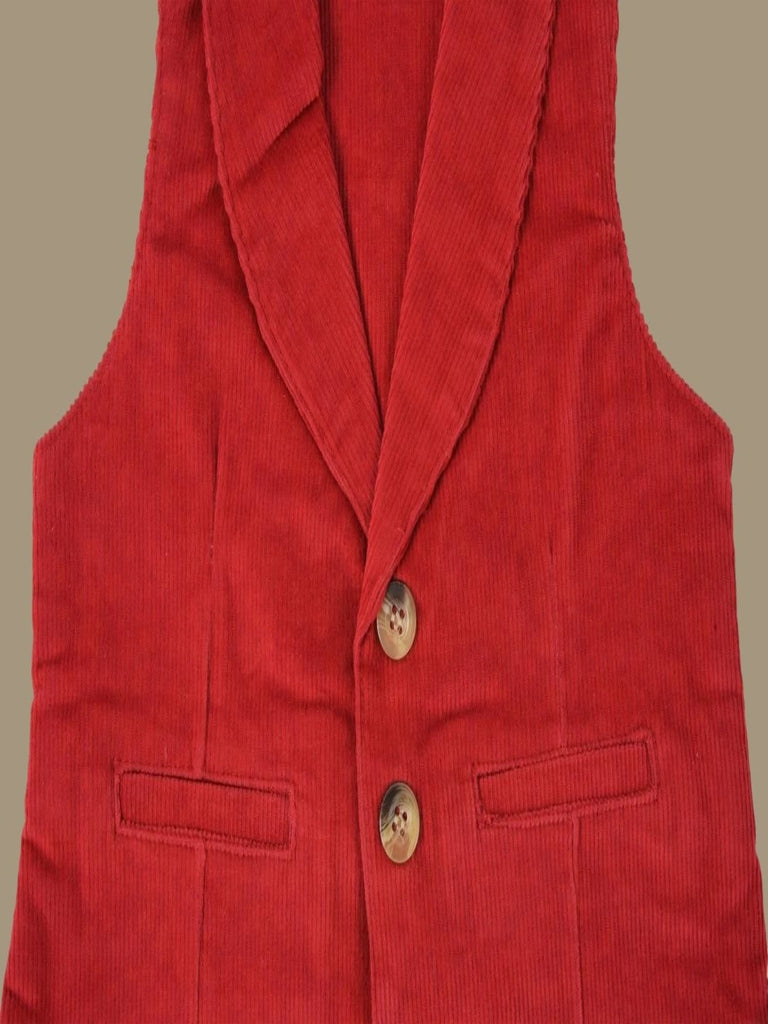 Closeup view of ToffyHouse Classic Red Corduroy Vest featuring button front and elegant design.