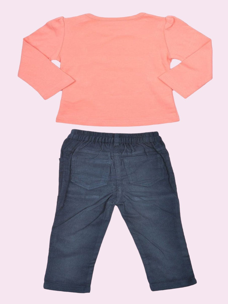 Back view of ToffyHouse Coral Long Sleeve Top and Navy Pants Outfit Set.