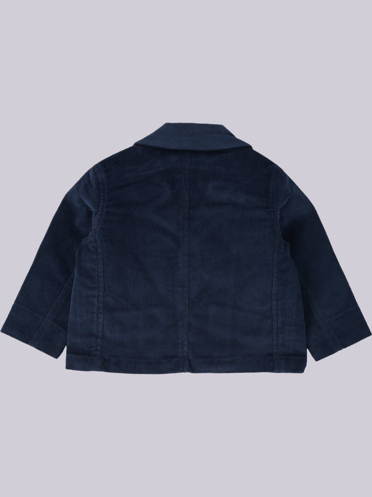 Dark Blue Corduroy Blazer with Stylish Button Closure and Pockets Back View. 