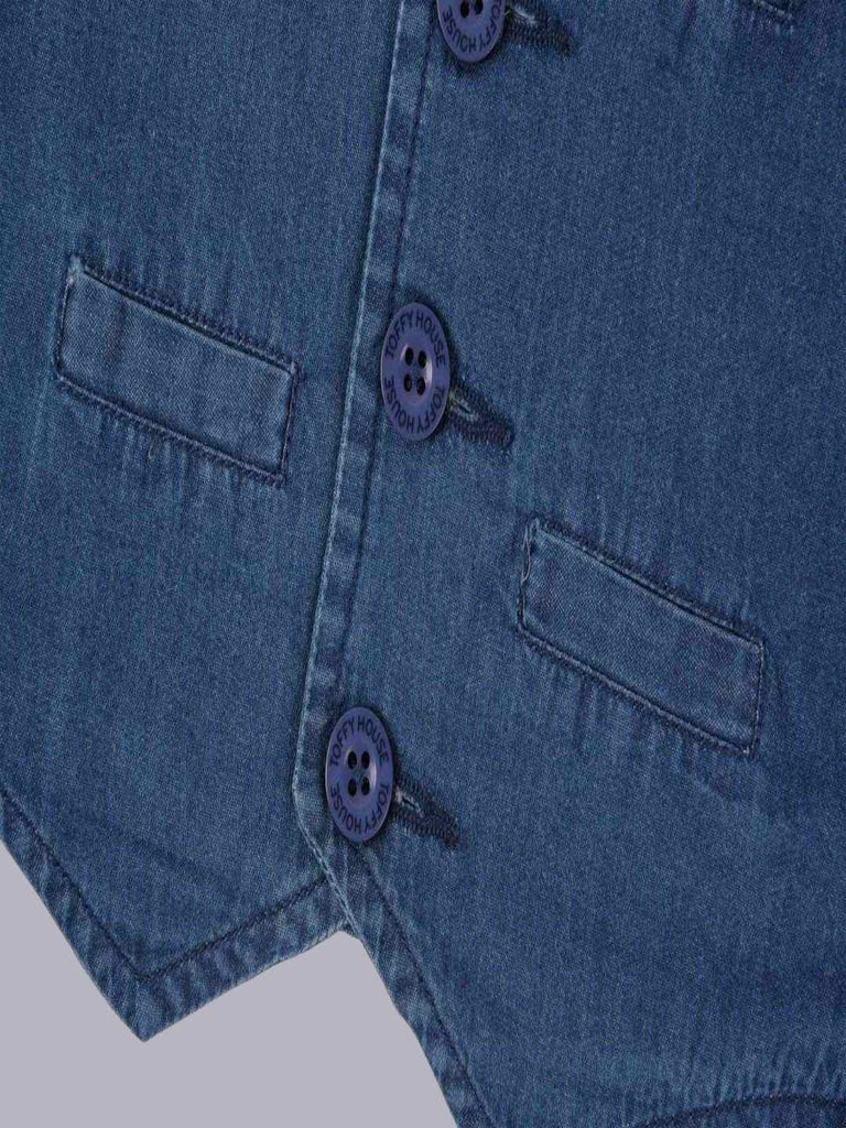 Close-up view of the bottom part of the ToffyHouse Dark Blue Denim Vest showing button and pocket details.