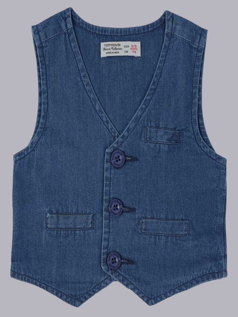 Front view of the ToffyHouse Dark Blue Denim Vest showing the button-up front and pockets.