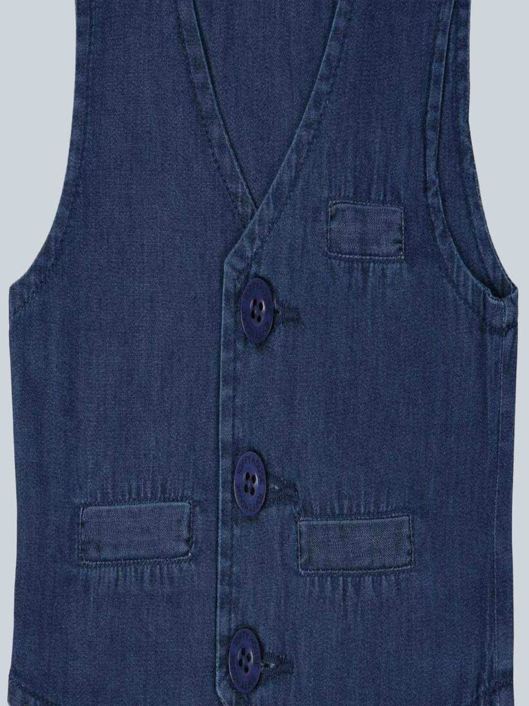 Detailed close-up view of the button-up front on the ToffyHouse Dark Blue Denim Vest.