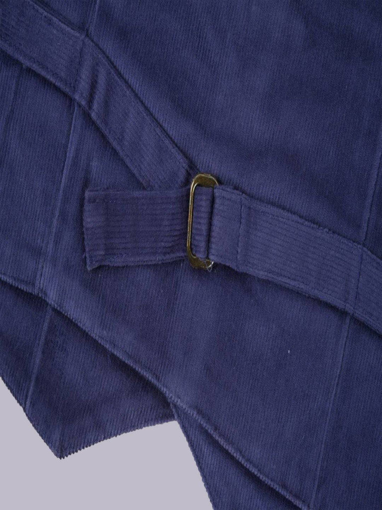 Detailed view of the back bottom of ToffyHouse Deep Indigo Corduroy Vest highlighting craftsmanship.