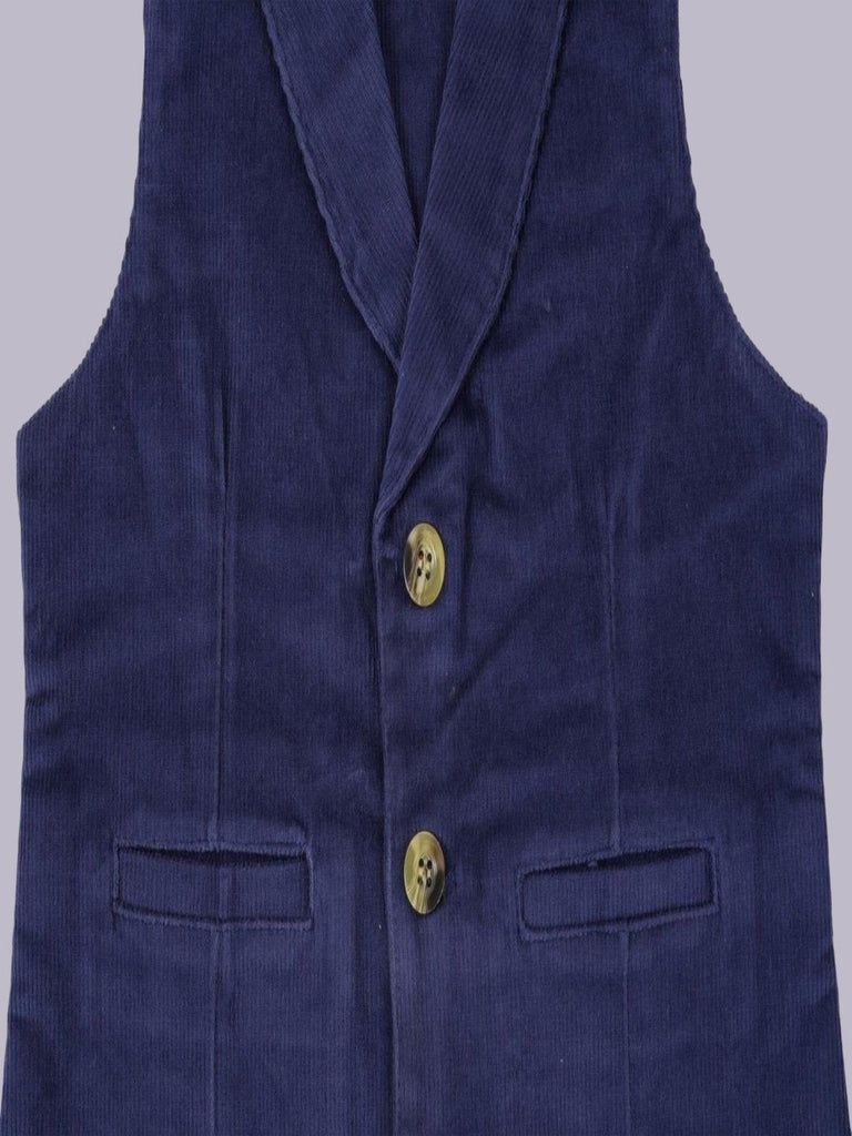 Closeup view of the front of ToffyHouse Deep Indigo Ccorduroy Vest showing button details.