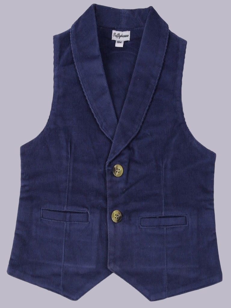 Front view of ToffyHouse Deep Indigo Corduroy Vest with classic button closure.