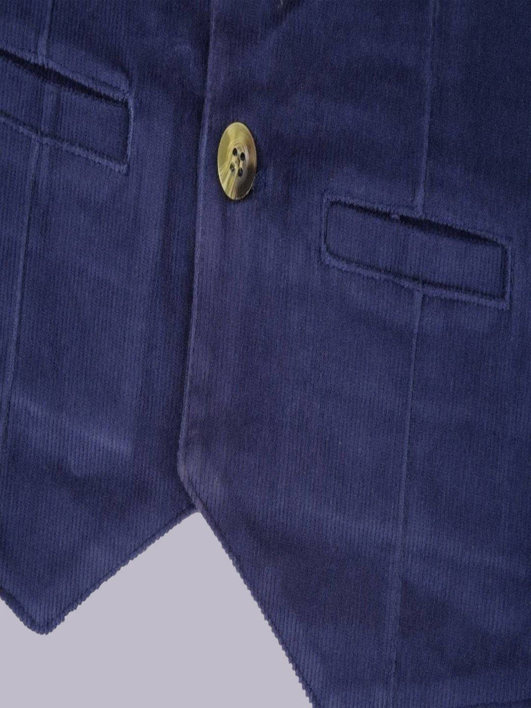 Detailed view of the front bottom of ToffyHouse Deep Indigo Corduroy Vest showing pocket design.