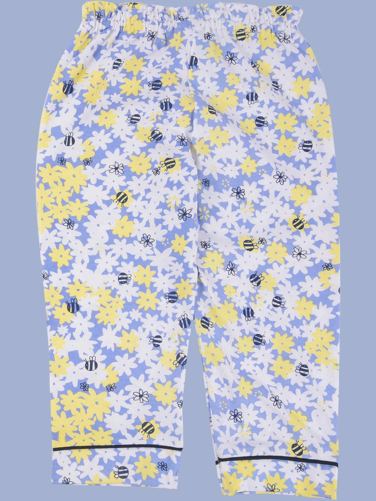 Close-up of the pajama pants in the ToffyHouse Girls' Floral Print Pajama Set with yellow and purple floral pattern