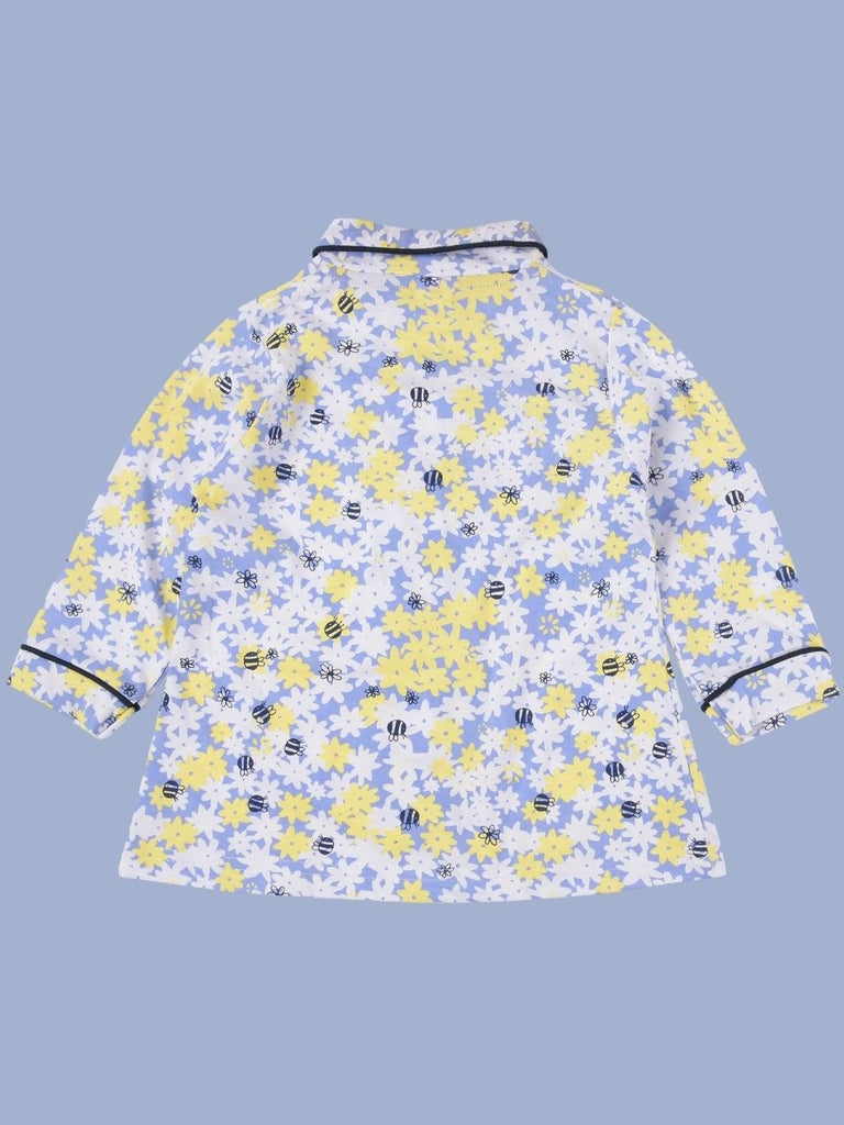 back view of ToffyHouse Girls' Floral Print Pajama Set with yellow and purple flowers, collared neck, and button-up closure.