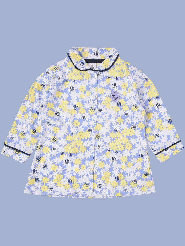 Front view of ToffyHouse Girls' Floral Print Pajama Set with yellow and purple flowers, collared neck, and button-up closure.