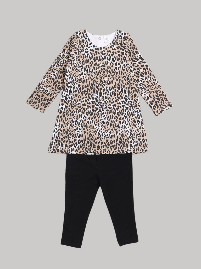 Full outfit view of the ToffyHouse Girls' Long Sleeve Leopard Print Dress with Black Leggings.