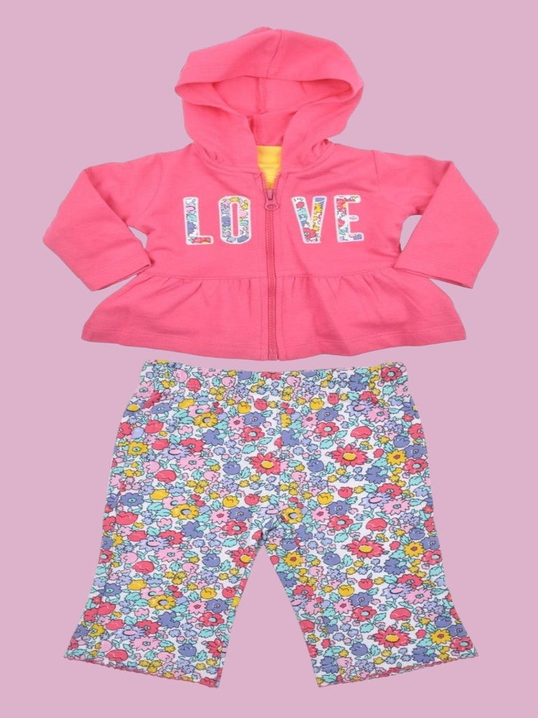 ToffyHouse Girls' Pink 'LOVE' Hoodie and Floral Print Pants Set - Adorable and Trendy full view