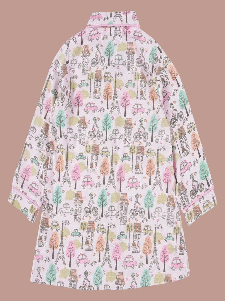 Back view of a full-sleeve shirt for girls with a Paris-themed print, including the Eiffel Tower, trees, houses, and cars.