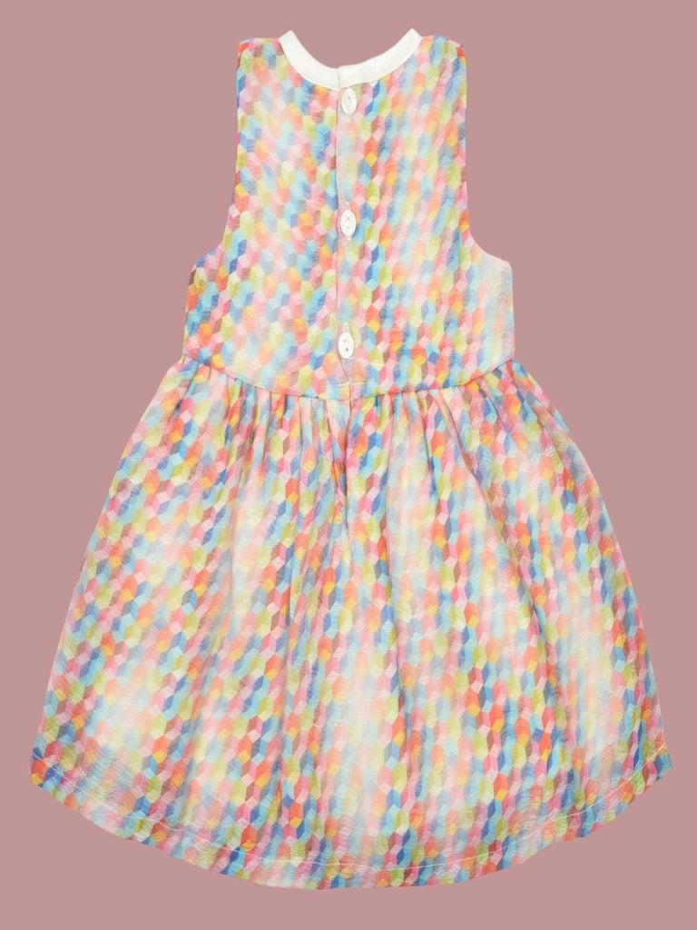 Back view of ToffyHouse Girls' Rainbow Geometric Print Sleeveless Dress highlighting button detail and vibrant geometric design.