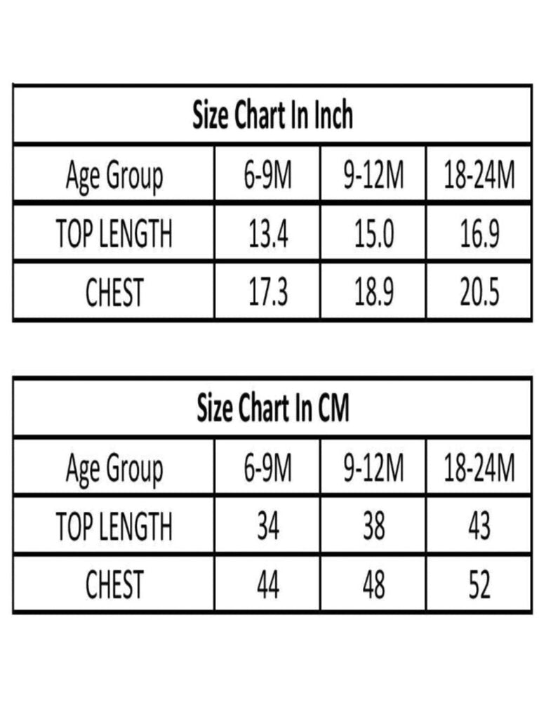 Size chart in inches and centimeters for ToffyHouse Girls' Rainbow Geometric Print Sleeveless Dress showing measurements for age groups 6-24 months.