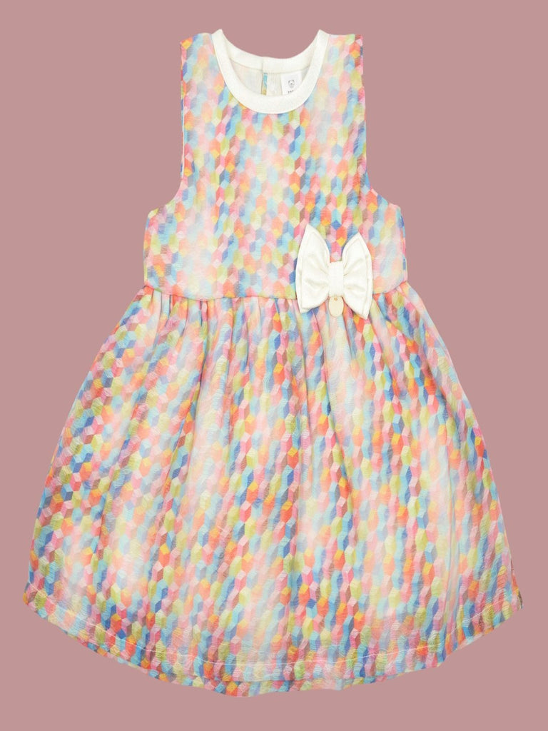 Front view of ToffyHouse Girls' Rainbow Geometric Print Sleeveless Dress showcasing colorful pattern and bow detail.