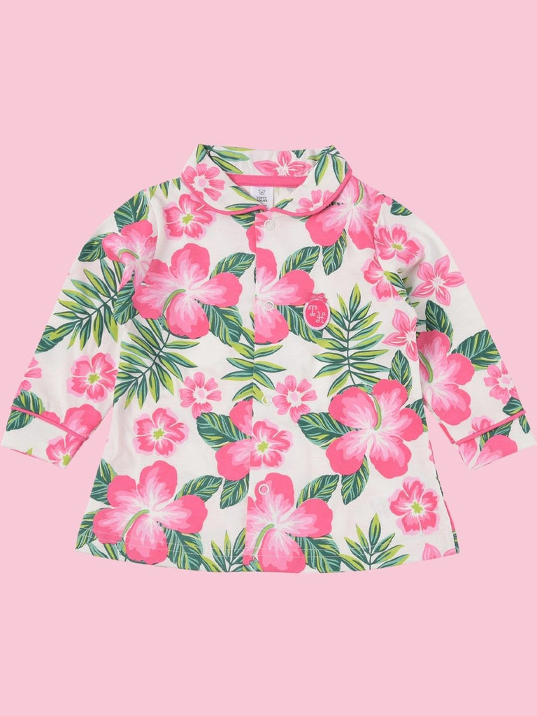 Front view of ToffyHouse Girls' Tropical Floral Pajama Set with pink and green floral print, collared neck, and button-up front