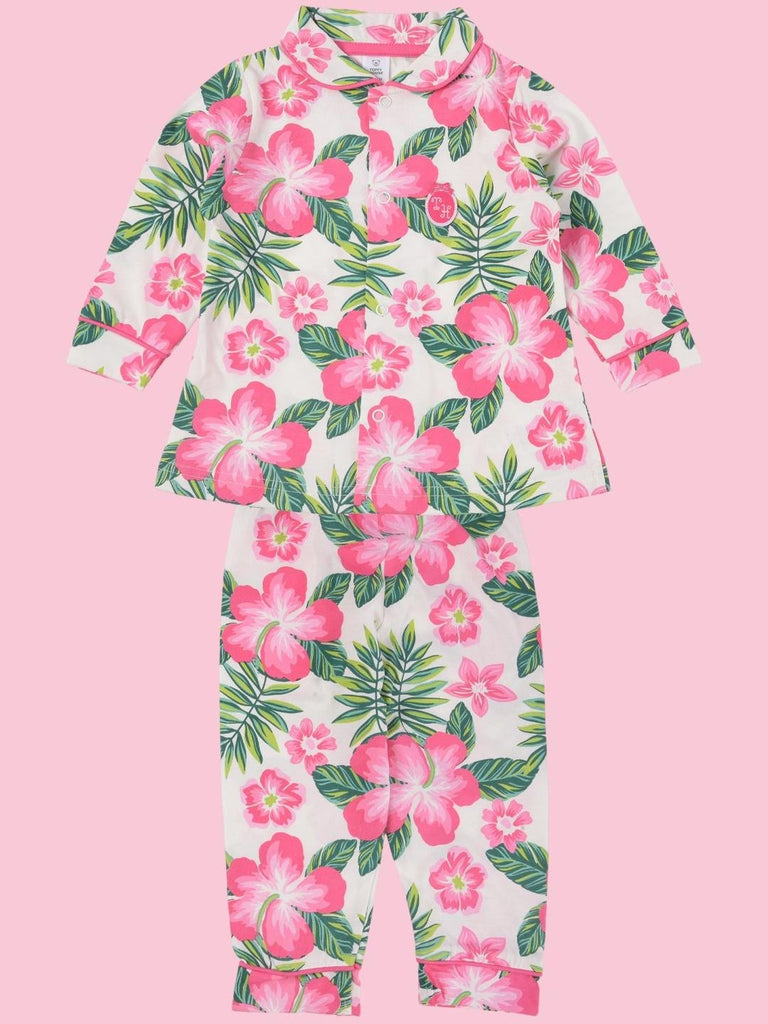 Full view of ToffyHouse Girls' Tropical Floral Pajama Set showing the long-sleeve top and matching pajama pants.