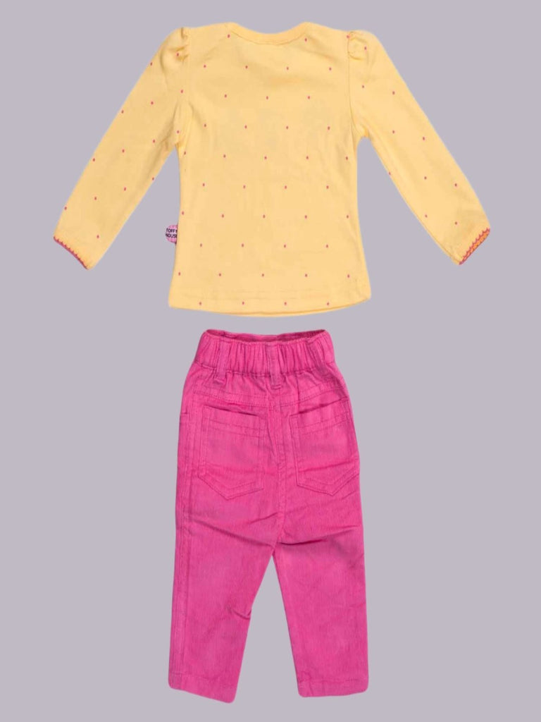 Back view of ToffyHouse Girls' Yellow Long Sleeve Top with Doll Print and Pink Pants Set for baby girls