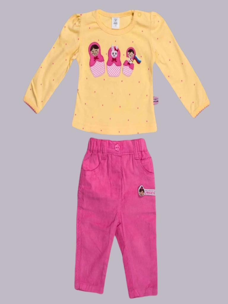 Full view of ToffyHouse Girls' Yellow Long Sleeve Top with Doll Print and Pink Pants Set for baby girls