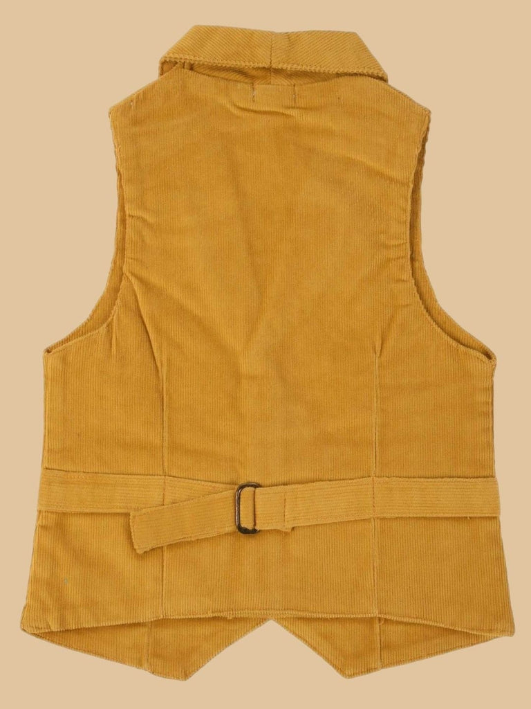  Full back view of a golden corduroy vest, showing the back strap and overall design.