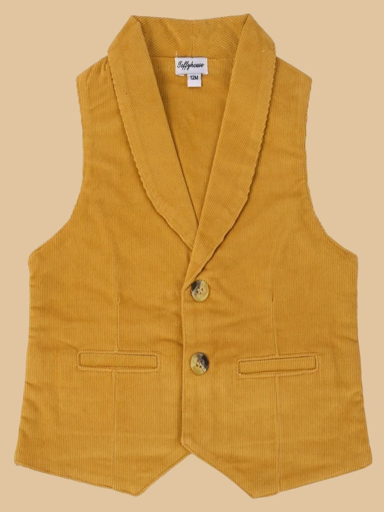 Full front view of a golden corduroy vest, displaying a V-neck collar and two buttons.