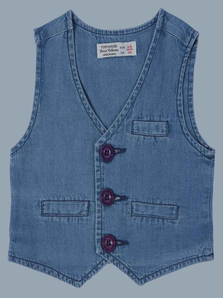 Front view of ToffyHouse Light Blue Denim Vest showcasing classic design and pockets.