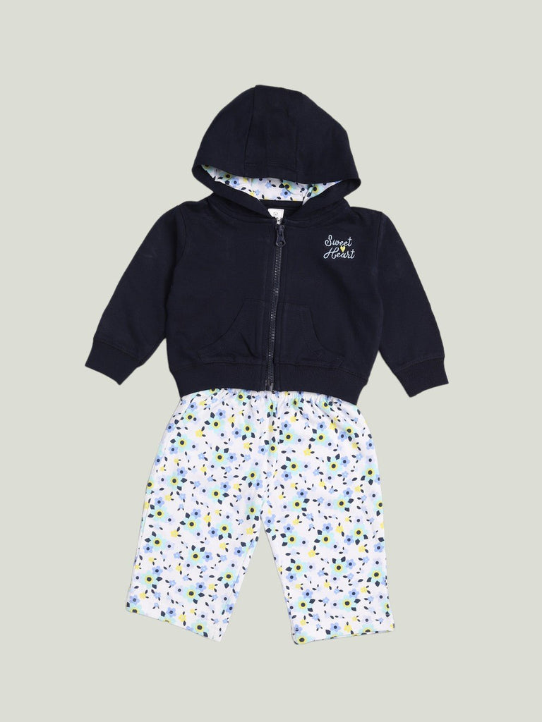 Full view of the ToffyHouse Navy Hoodie and Floral Leggings Set for girls, showcasing the complete outfit.