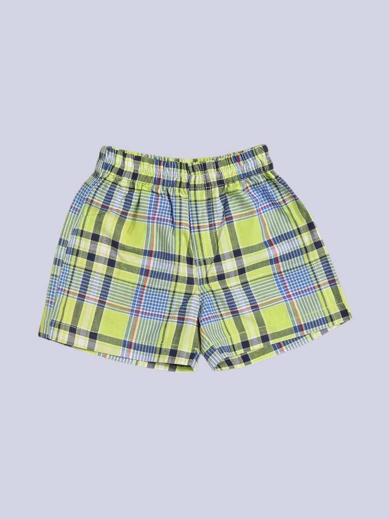 Close-up of ToffyHouse plaid shorts in green and blue tones with elastic waistband.