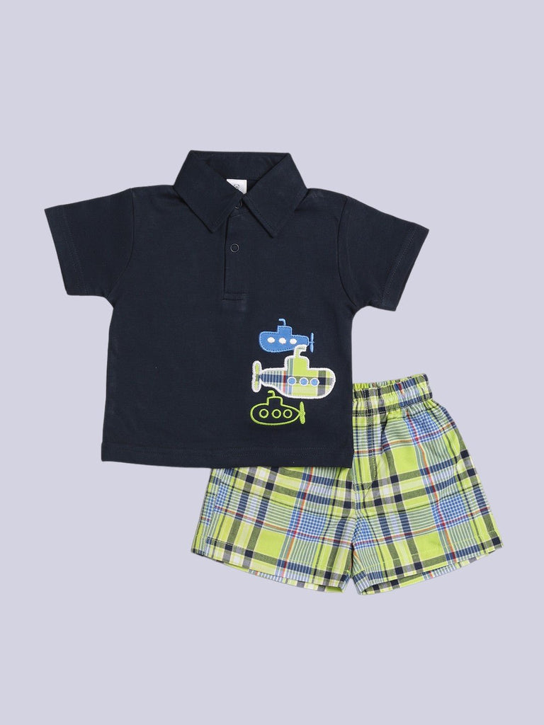 ToffyHouse Navy Submarine Embroidered Polo Shirt with Plaid Hem and matching shorts front view.